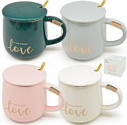 Чашка керамическая с крышкой и ложкой 400 мл "Love" Stenson - 00229 ✅ базовая цена $4.59 ✔ Опт ✔ Скидки ✔ Заходите! - Интернет-магазин ✅ Фортуна-опт ✅