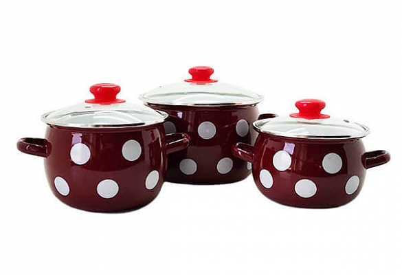 Набор эмалированных кастрюль Белый горох бордовый - 6946 ( 2,5 л, 3,5 л, 5 л ) ✅ базовая цена 680.84 грн. ✔ Опт ✔ Скидки ✔ Заходите! - Интернет-магазин ✅ Фортуна-опт ✅